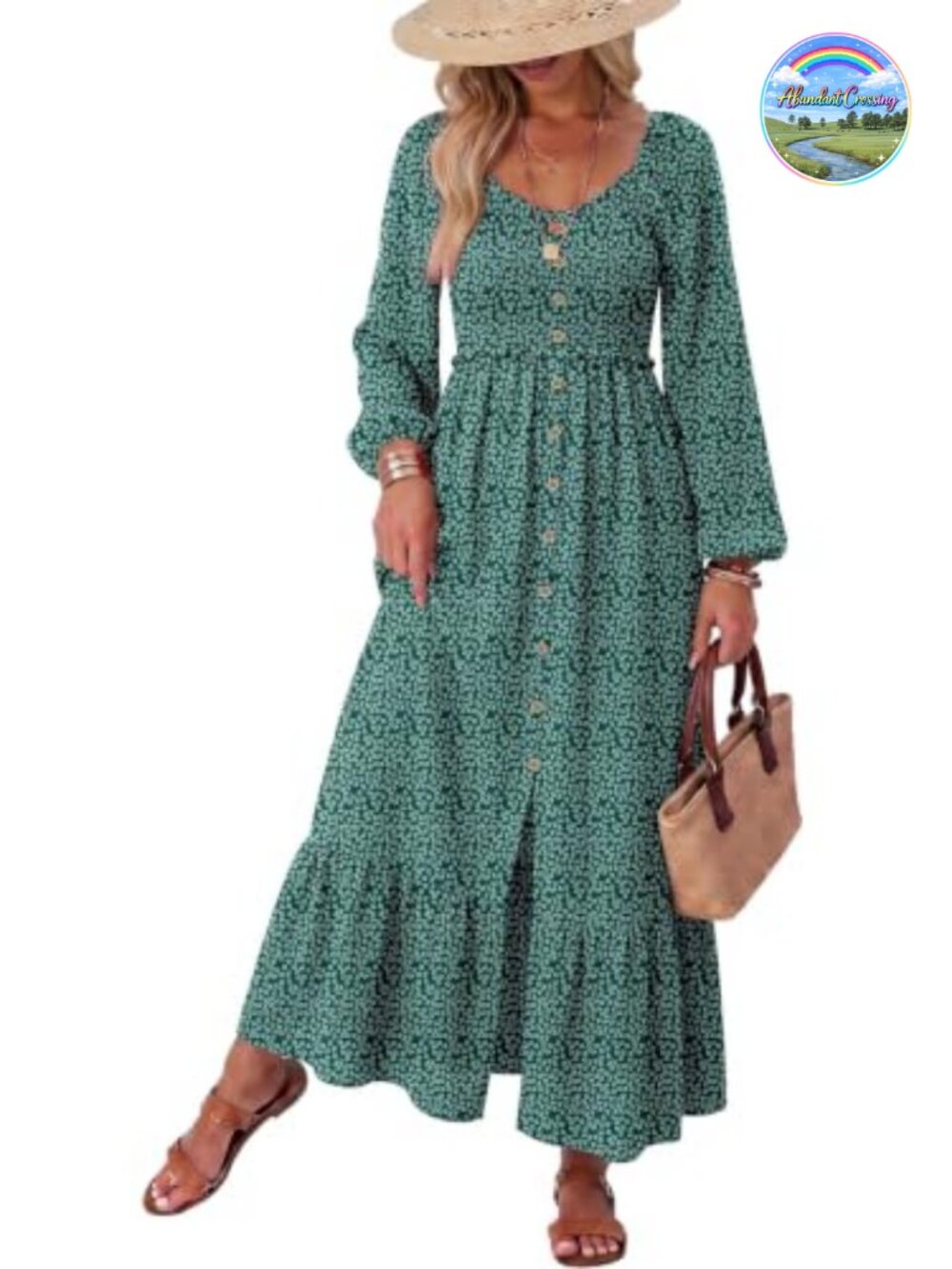 Womens Boho Floral Smocked Maxi Dress Square Neck Button Long Sleeve